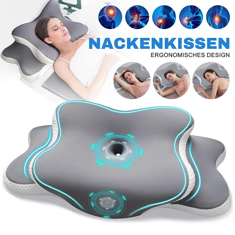Ergonomic Memory Foam Butterfly Neck Pillow C-Shaped Adjustable Dual Height Transparent Cover Support for Side/Supine/Pillow Sle