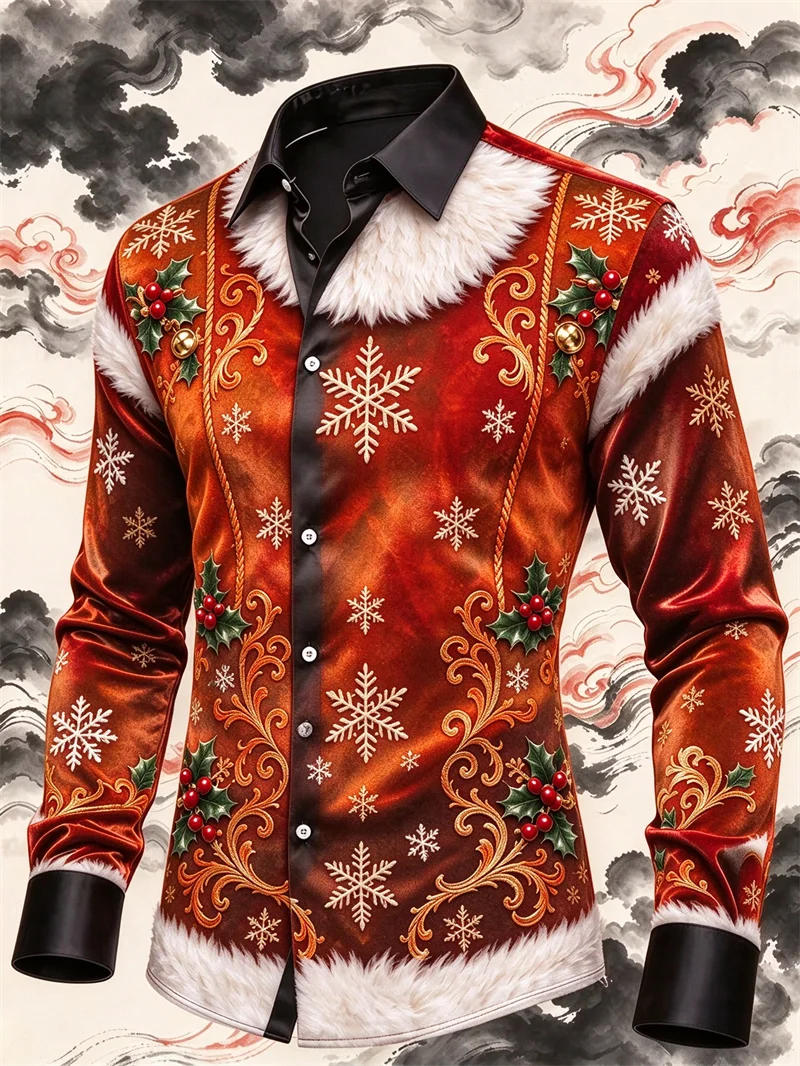 New men's shirt with navy blue velvet, snowflakes, holly, fruit, gold vine pattern, 3D printed slim fit shirt