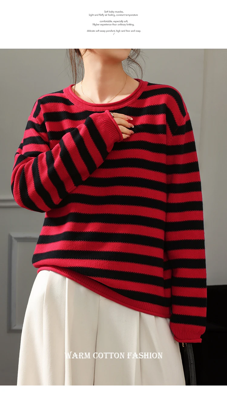 Fashion 100% pure cotton women's sweater autumn and winter casual striped knitted top loose Korean round neck women's pullover