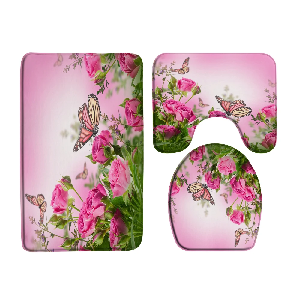 Butterfly Rose Flower Printed Waterproof Bathroom Shower Curtain Set Non-Slip Bath Mat Rug Sets Toilet Cover Bathroom Decor