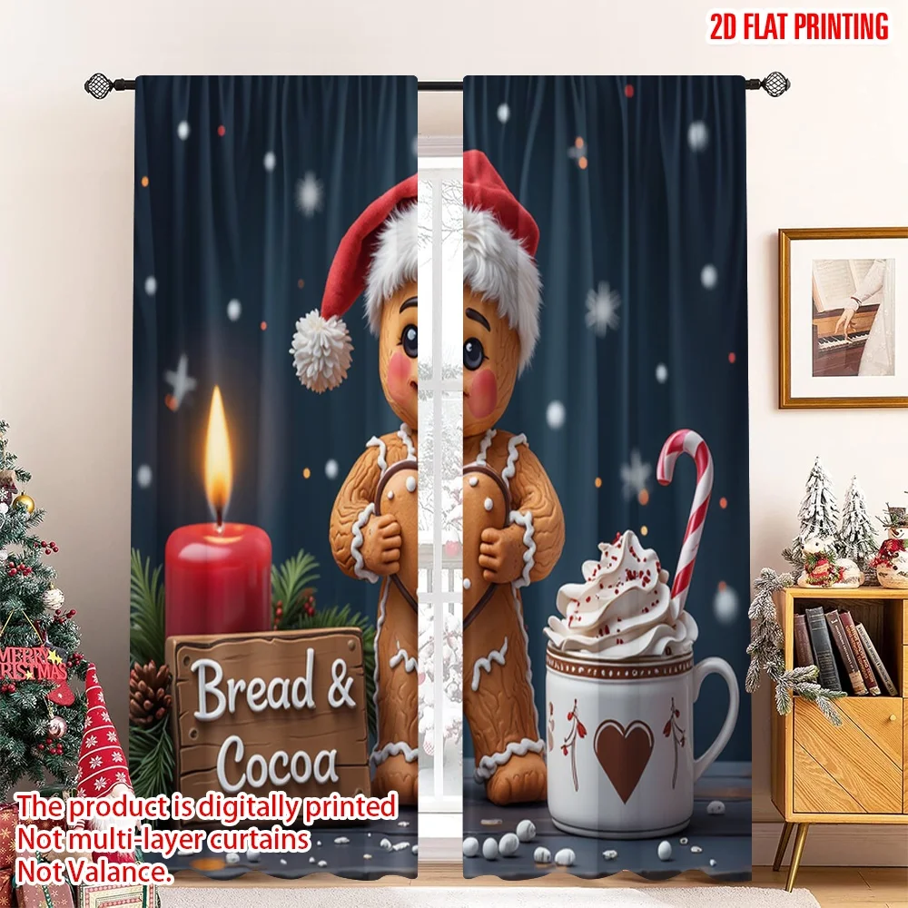 

2pcs 2D flat printing Merry Christmas Popular Curtains Gingerbread man with hot cocoa and candle 100% Polyester Without
