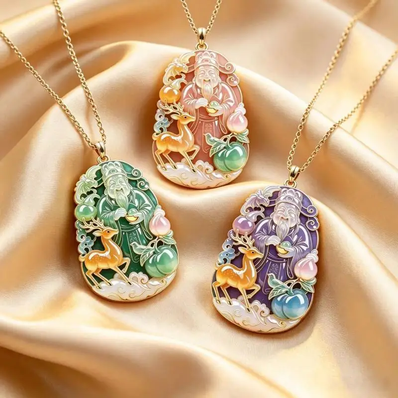 Cartoon Guanyin Pendant Necklace Colorful Enamel Gold Plated Chain Cute Blessing Jewelry for Christmas Gift