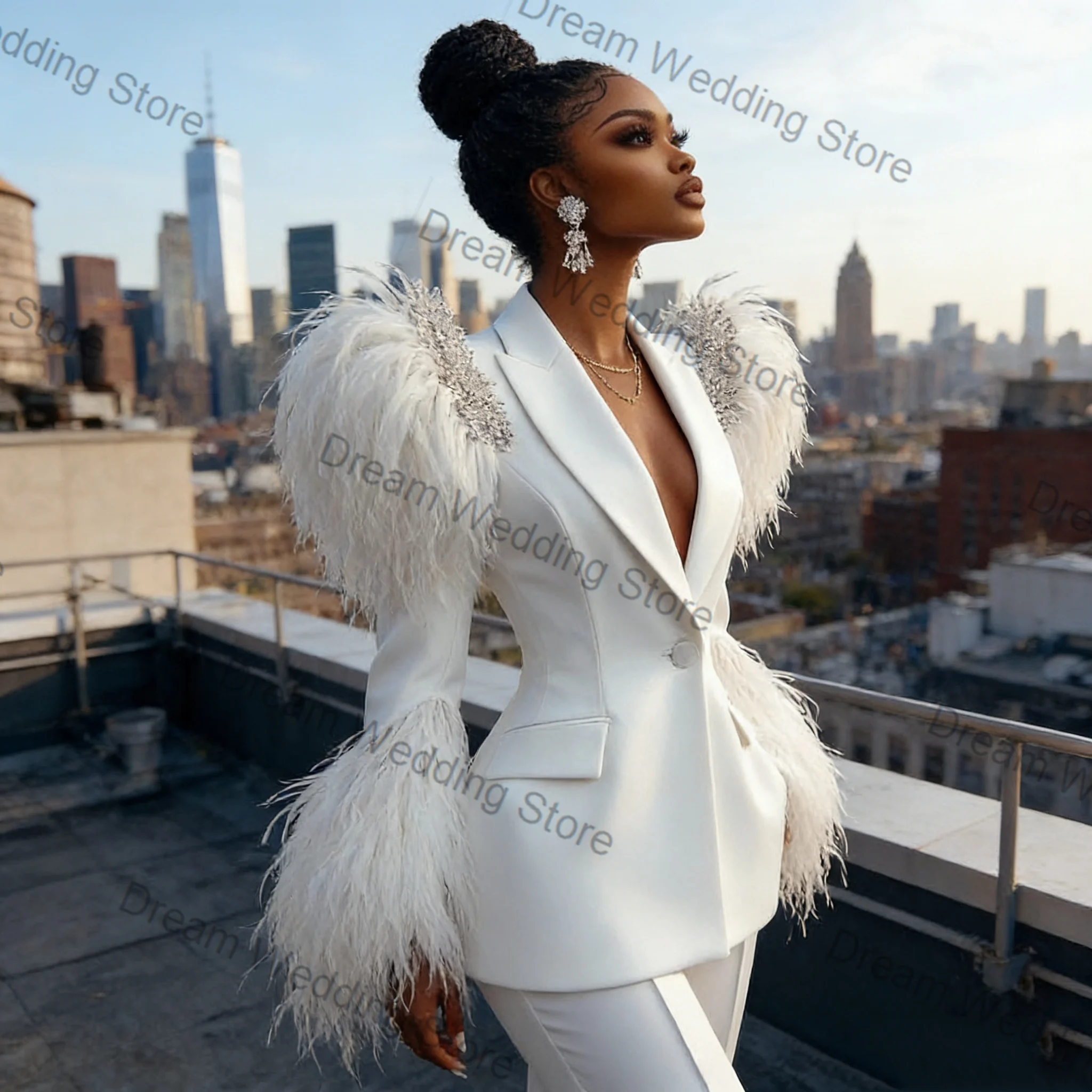 Feather Crystals Women Suit Set 2 Pcs Blazer+Pants White Cotton Spring Formal Office Lady Jacket Customized Wedding Guest Coat image 2