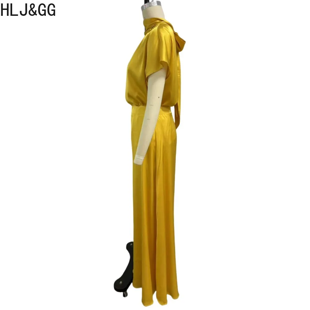 HLJ&GG Yellow Satin Elegant Lady Wide Leg Pants Two Piece Sets Women Bandage Short Sleeve Top And Pants Outfits Autumn Clothing