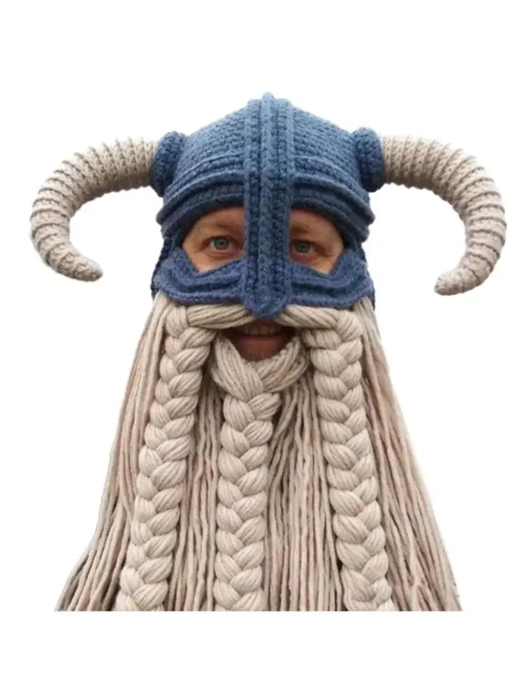 

652F Креативная длинная шляпа с бородой, забавная шляпа с бычьим рогом, вязаная крючком шляпа-маска для бороды для Cou