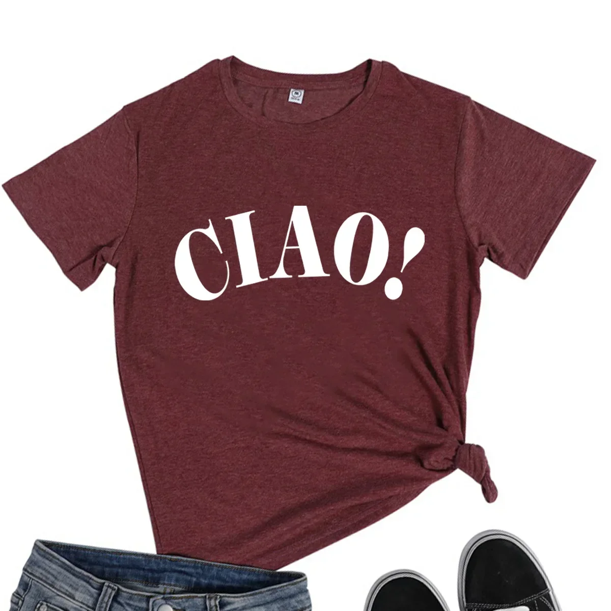 CIAO Italian Letter Print Women T Shirt Short Sleeve ONeck Loose Women Tshirt Ladies Tee Shirt Tops Clothes Camisetas Mujer