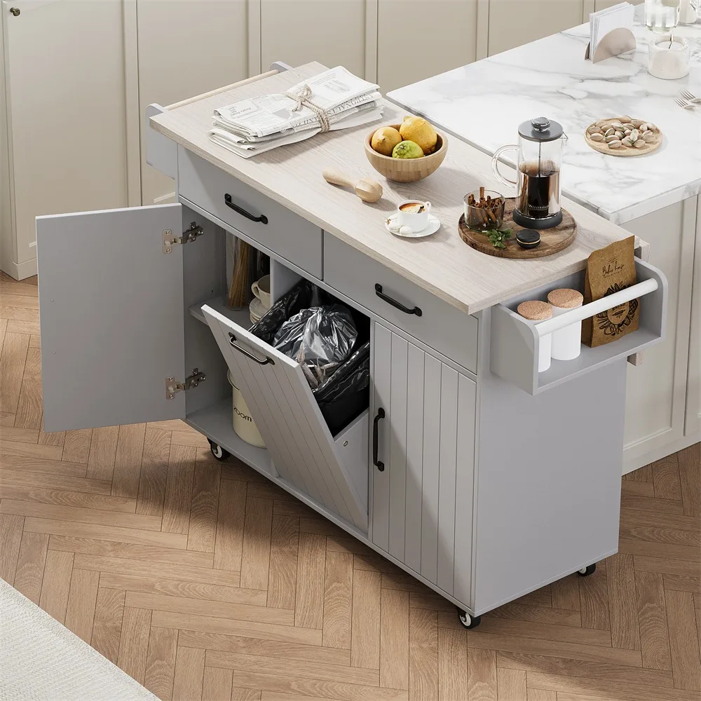 Kitchen Island with Trash Can Storage Cabinet, Kitchen Cart with Drop Leaf, Spice Rack, Towel Rack and Drawer, Kitchen Island