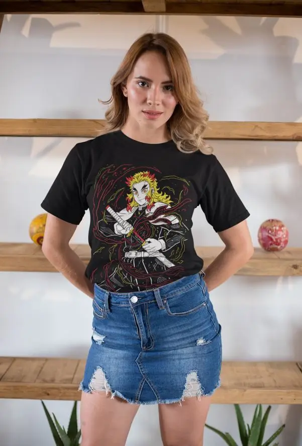 Camiseta Kyojuro Rengoku Kimetsu no Yaiba Anime Demon Slayer Camisa preta todos os tamanhos