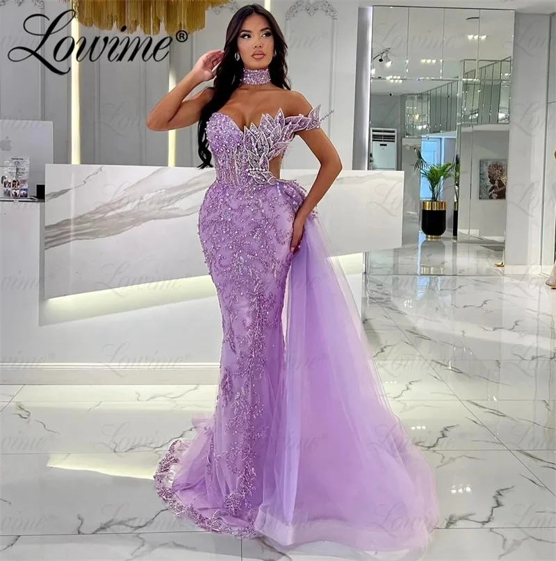 2024 Customized Purple Party Dress For Wedding Aso Ebi Crystals Mermaid Prom Dress Sequined Lace Evening Second Reception Dress