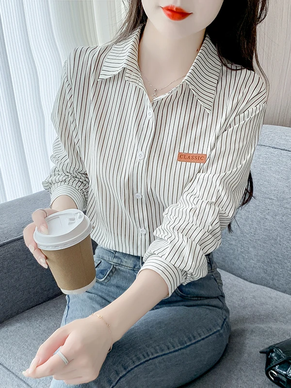 

Long Sve Striped irt Versatile Ele Faionable Women's Premium Quali Breathable Polyester Fiber irt