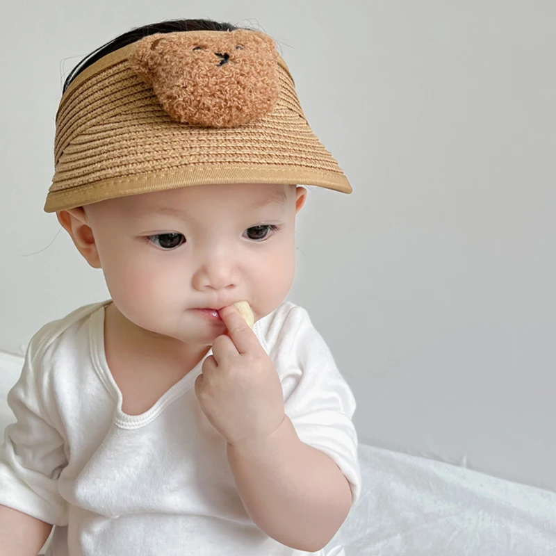 Lovely Cartoon Bear Summer Baby Straw Hat Kids Boy Girls Adjustable Caps Outdoor Children Sun Hats Toddler Breathable Cap