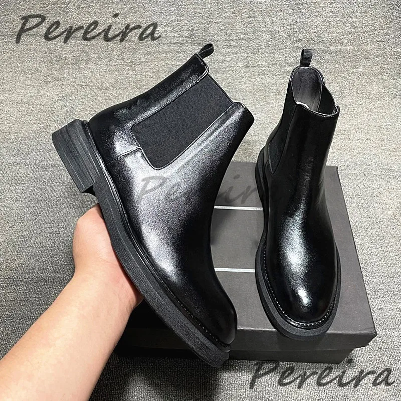 Black and White Genuine Leather Chelsea Boots British Style Round Toe Thick Soled Short Boots Fashion Handmade Men's Shoes