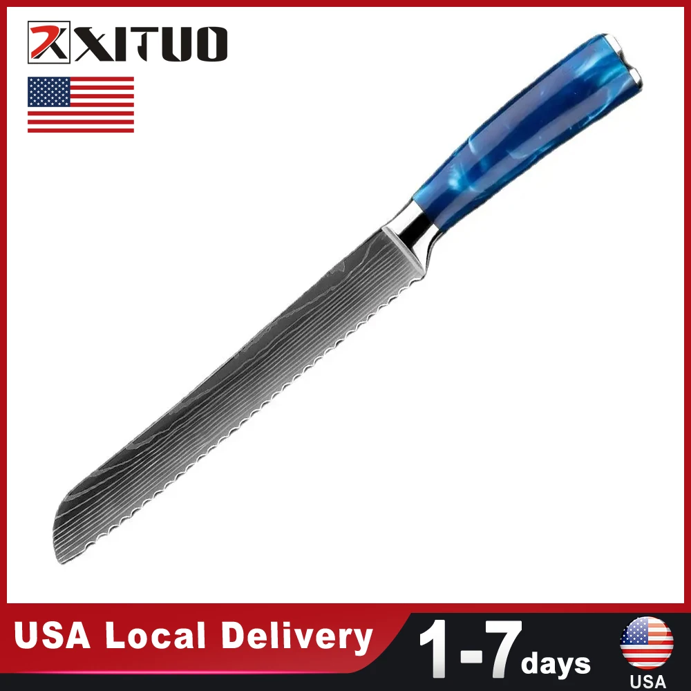 USA Warehouse Fast Shipping 8Inch Stainless Steel Bread Knife Blue Resin Handle Household Cake knife Kitchen Pro Serrated Knife