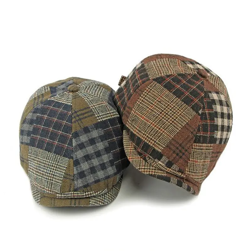 2024 Four Seasons Polyester Plaid Warm Newsboy Caps Flat Peaked Cap Men and Women Painter Beret Hats 122