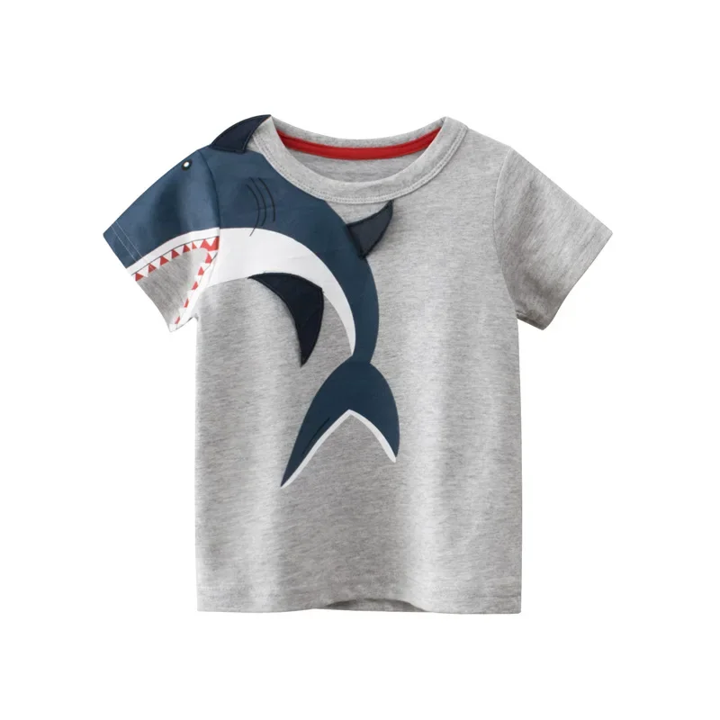 

2024 Summer New Boys Cartoon Shark T-Shirts Children's Clothing Short Sleeve Cotton Tops Tees Shirts Kids Clothes 2-10Y