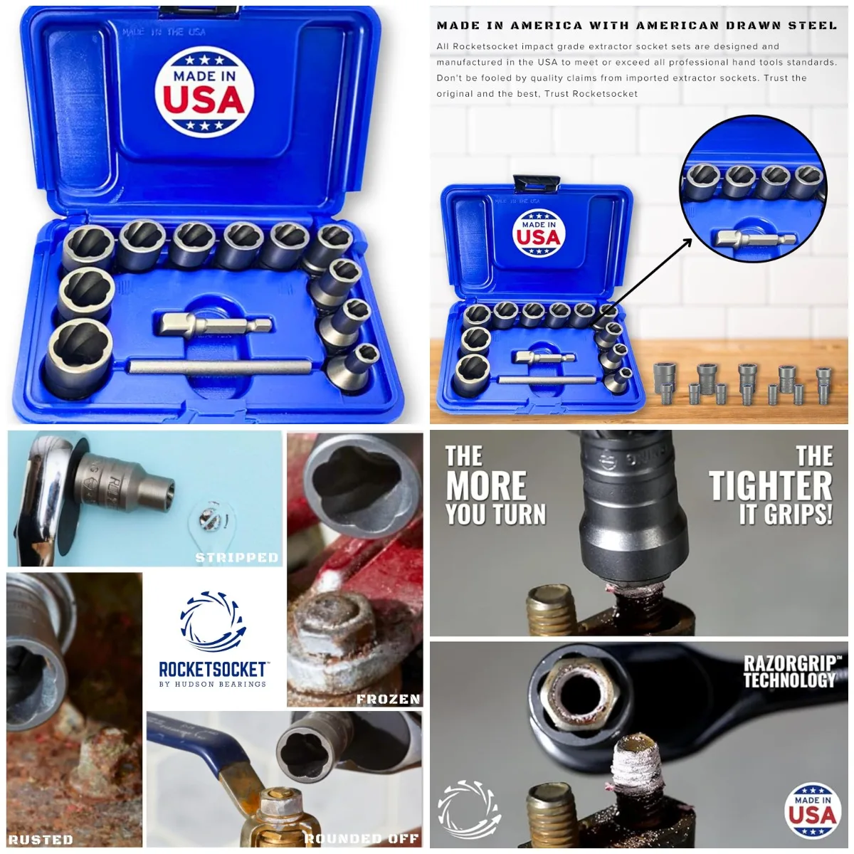 

13-Piece Bolt Extractor Set | USA-Made Turbo Sockets for Stripped, Frozen Bolts | ⅜” Impact Grade Lug Nut Remover Kit