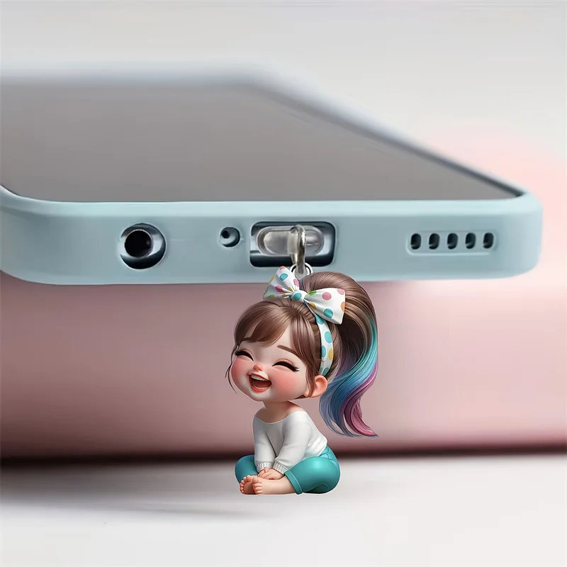 1pcs 2D Cartoon Bow Girl Design Cute Acrylic Phone Dust Plug for Type-C / Iphone /Android Connectors Protective Dust Cover