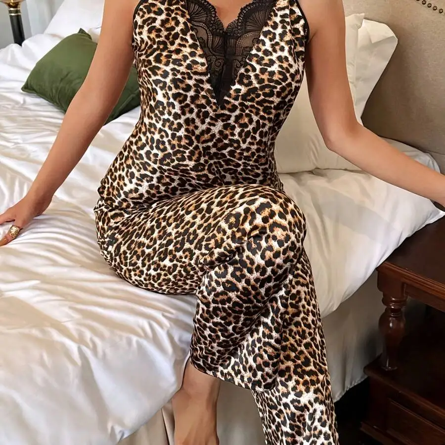 

Leopard Print Womens Sleeveless Jumpsuit With Lace V-Neck And Cross Back Design For Lounge Or Travel