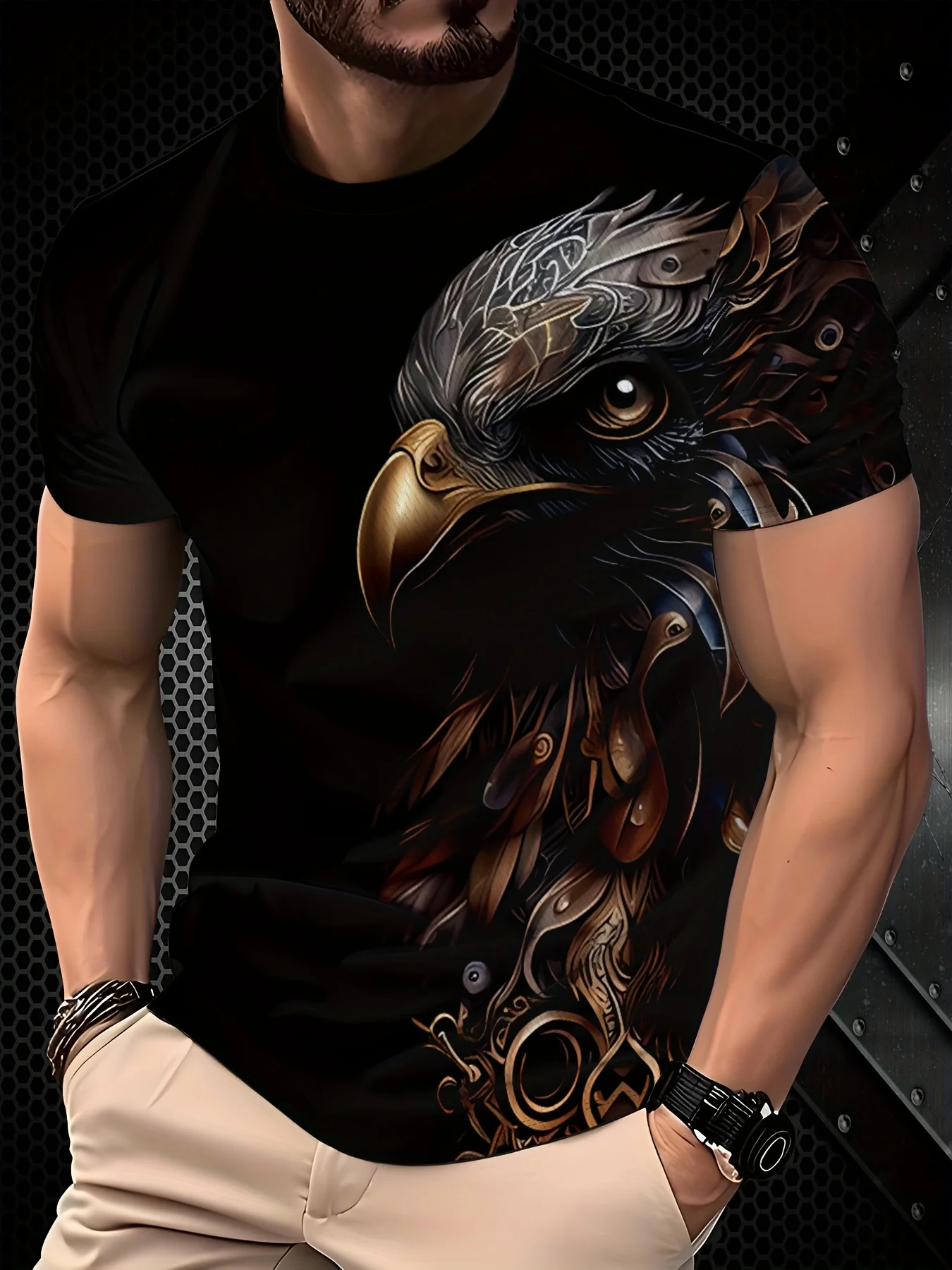 Men's Mechanical Bald Eagle Metal Texture Print T-Shirt Patriotic Wild Bird Crew Neck Top