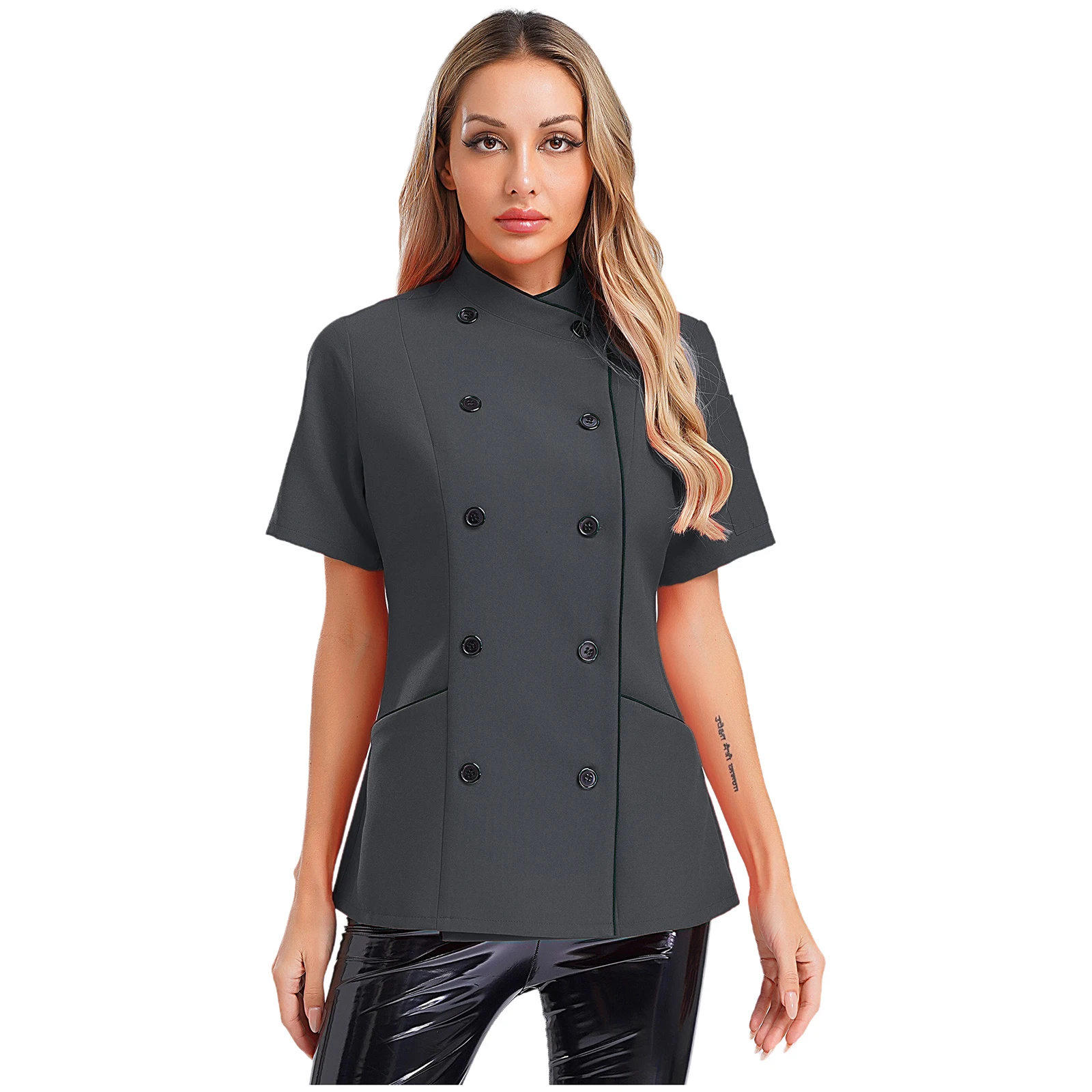 Women Short Sleeve Chef Coat Restaurant Hotel Works Clothes Cross-Over Collar Double-Breasted Jacket Kitchen Chef Cook Uniform