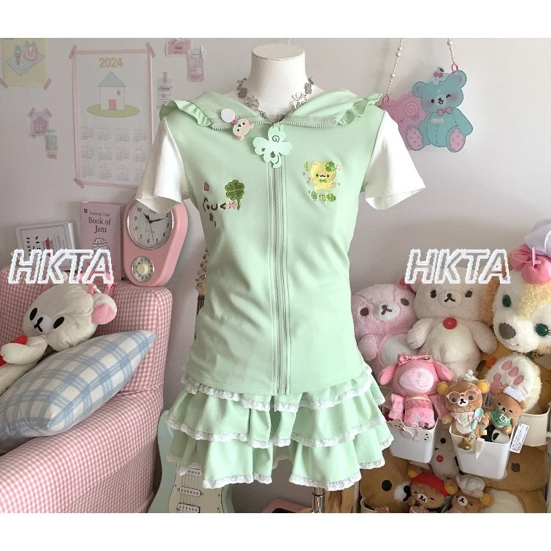 

Japanese Sweet Cute Cartoon Embroidered Hooded Cardigan Slim Short Sleeve Pleated Top Lace Cake Puffy Skirt Lolita Set Women