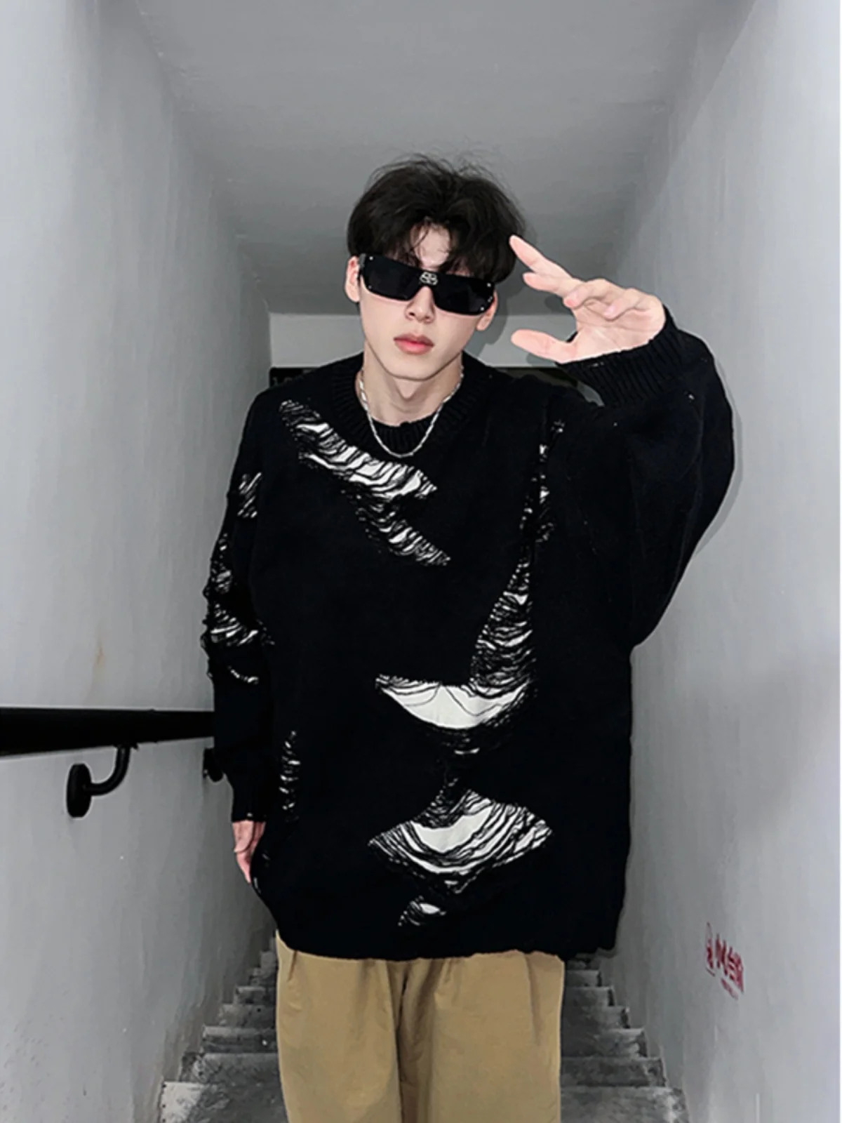 

Мужской трикотаж с асимметричными отверстиями, осенне-зимний дизайн, свободный крой, оверсайз, в американском стиле, повседневный, длинный рукав, круглый вырез