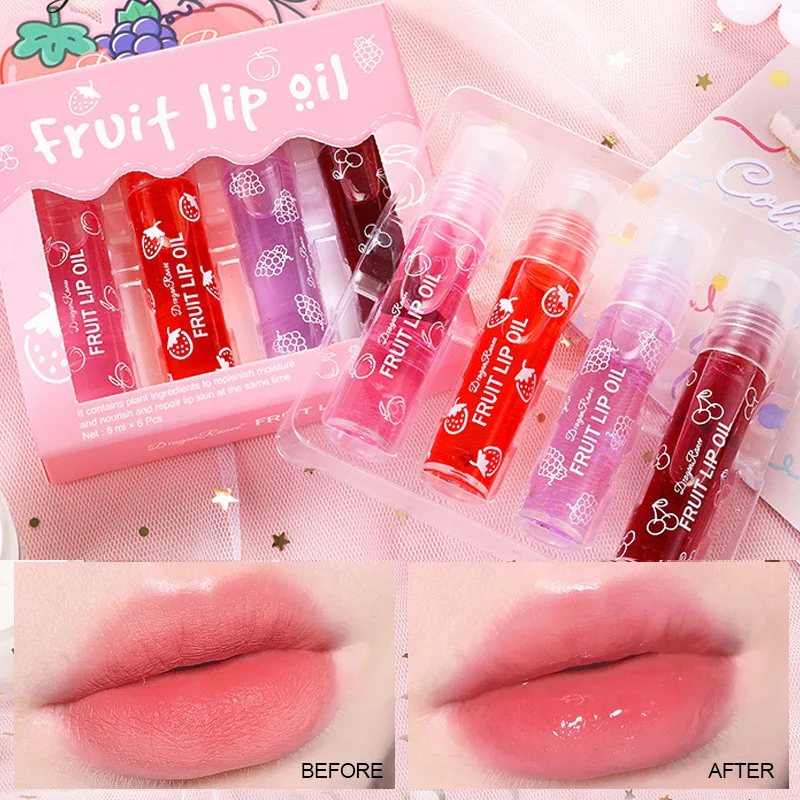 4pcs/box Fruit Lip Gloss Transparent Roll-on Lip Oil To Dilute Lip Lines and Nourish Lips Waterproof Longlasting Liquid LipGloss