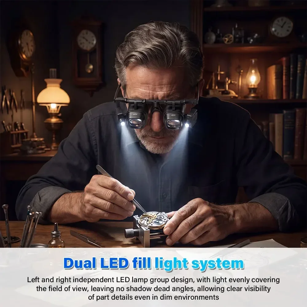 LED-Kopfvergrößerungsglas mit verstellbarem Kopfband, Lupenlinse, Vergrößerungsbrille, 23X, 15X, 8X, 2X, für Uhren- und Schmuckreparaturen. – Detail 28
