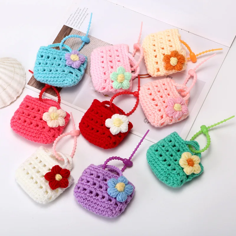 Handmade Crochet Mini Bag Keychain Cute Knitted Flower Small Pouch Earbud Storage Bag Pendant Backpack Decor Car Key Accessories