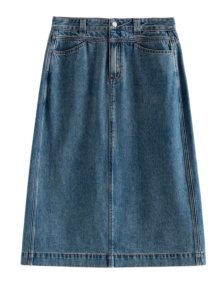 DUSHU 92.2% Cotton Women Dark Denim Blue Long A-LINE Skirts Back Slit Design 2023 Winter New Straight Denim Skirt Female Skirt