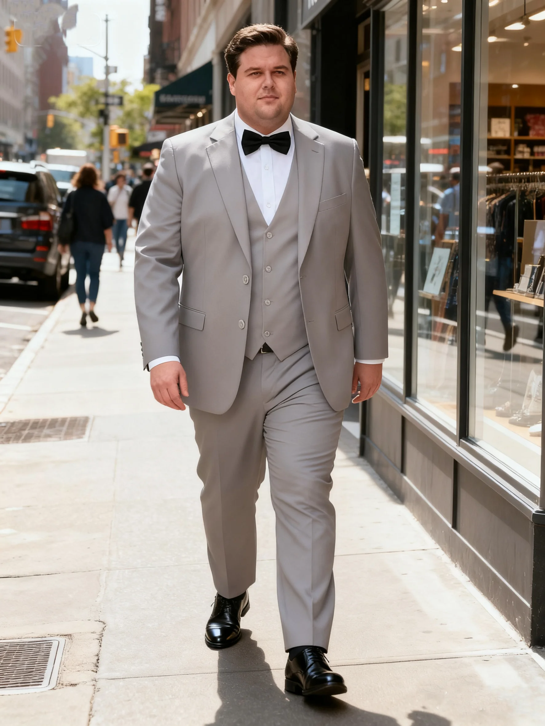 

Большой и высокий мужской деловой костюм из 3 предметов: жилет-смокинг, брюки, галстук-бабочка, однотонный воротник с лацканами — классический элегантный для бизнеса/вечеринки/