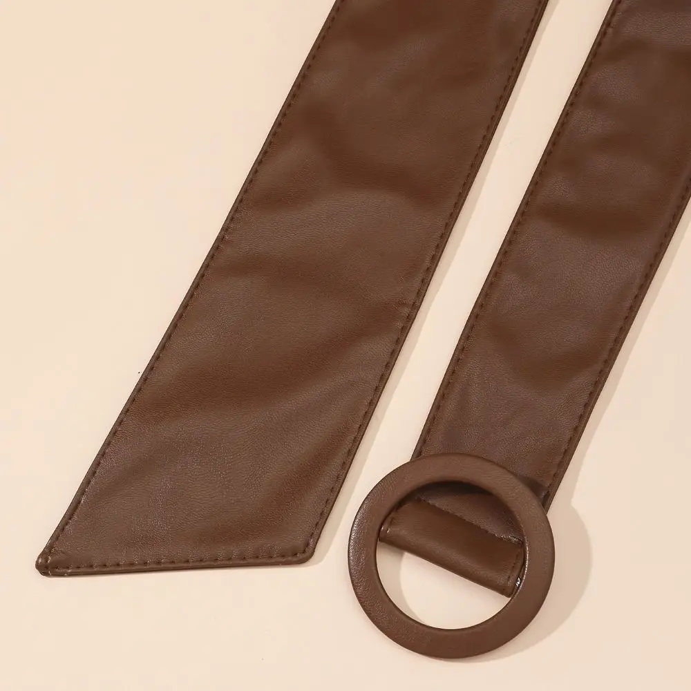 Adjustable Length Faux Leather Waist Belt Wide Round Buckle Wide Waist Belt Soft Self-Tie Closure Self-Tie Belt