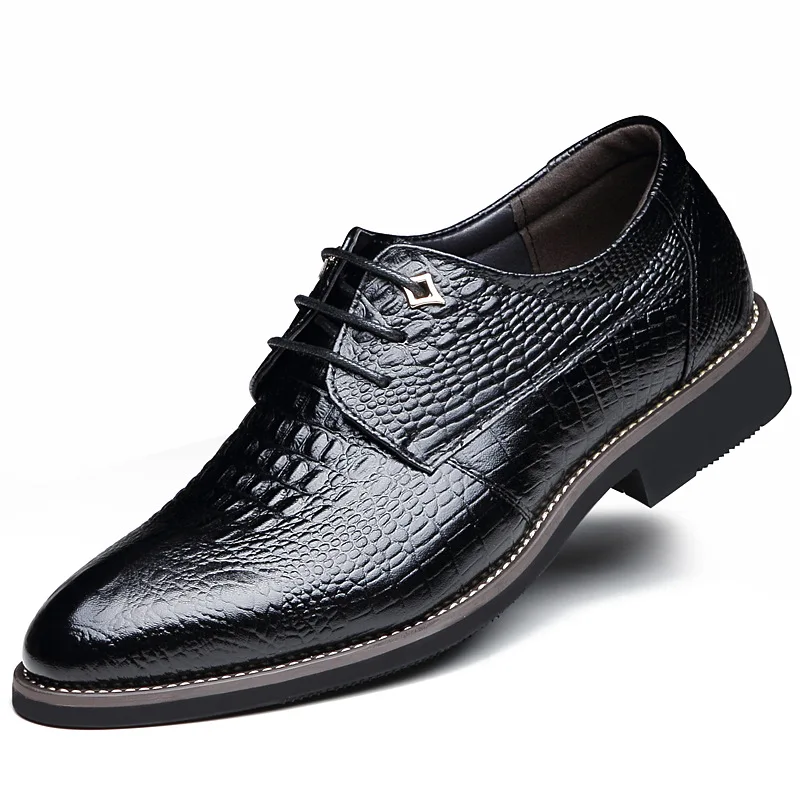 Men's Pointed Lace-up Leather Crocodile Pattern Men's Leather Shoes Men's Casual Leather Shoes Professional Dress Shoes Brown