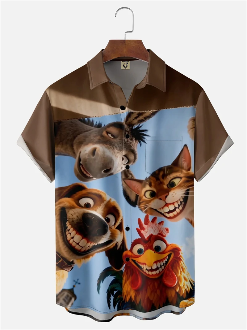 Funny Animal Graphic 3D Print Hawaiian Shirt Unisex Hip Hop Street Style Collared Button-Up Shirt Trendy Y2K Style Women's Shirt