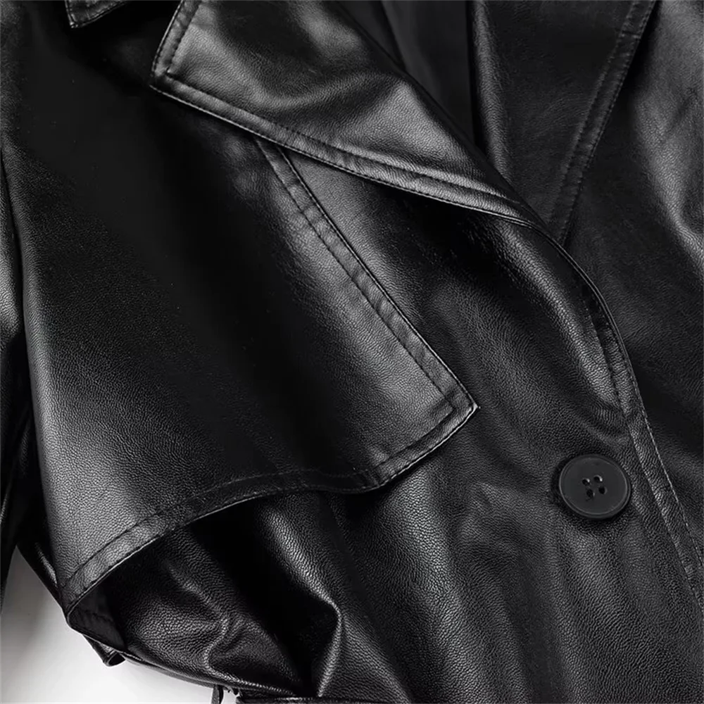 Autumn new product commuting high-end feeling with belt, black imitation leather loose long windbreaker jacket