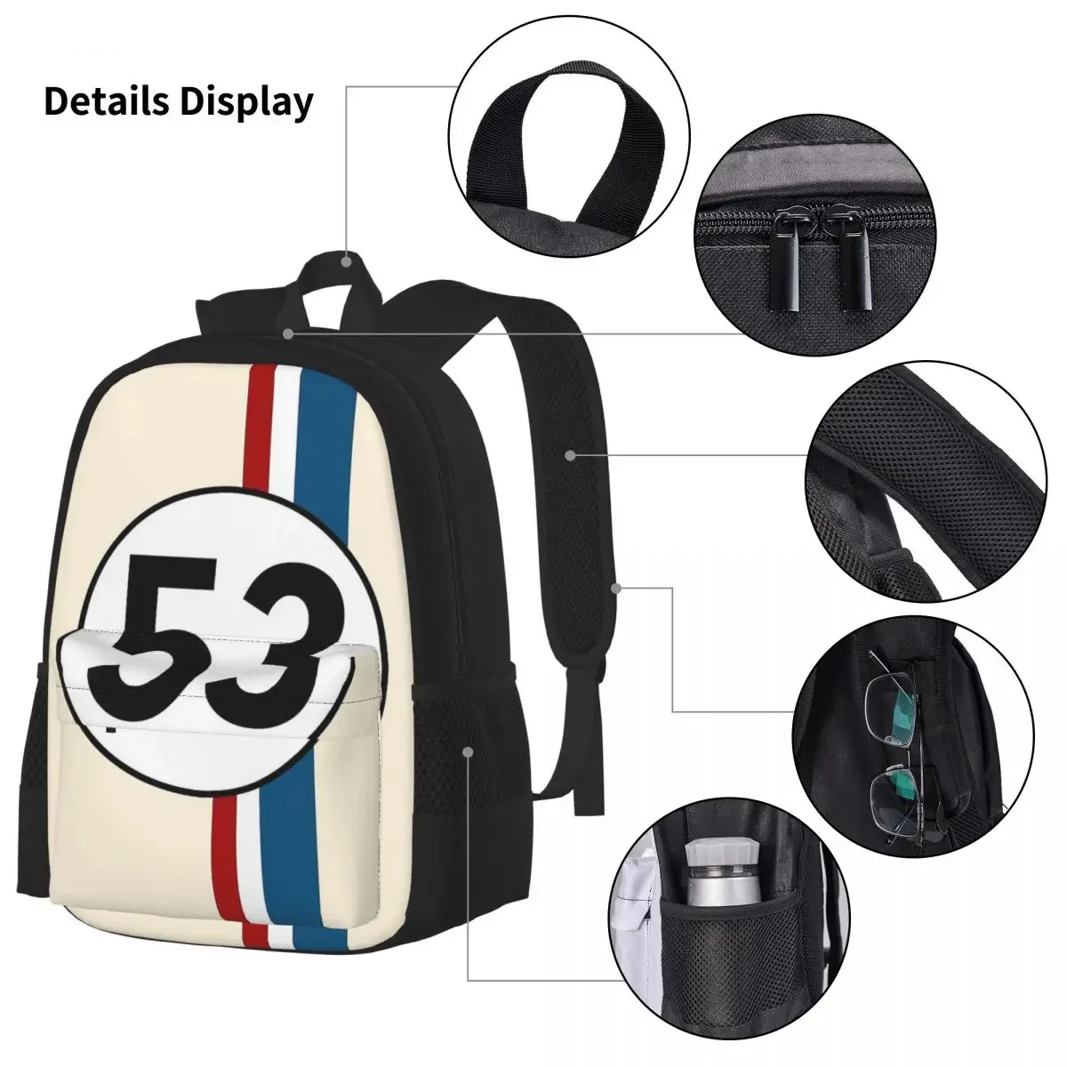 Sac à dos Herbie numéro 53 pour enfants, cartable pour garçons et filles, sacs d'école pour enfants, sac à déjeuner pour enfants, sac à stylos, ensemble de 3 pièces