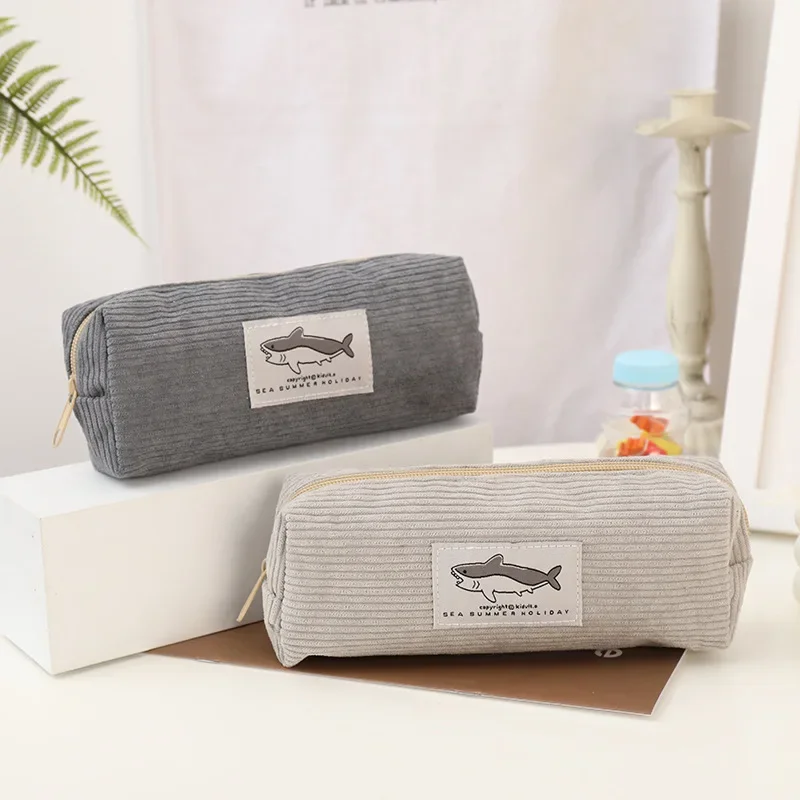 Cute Ins Style Shark Corduroy Pencil Case, Single Layer Large Capacity Dirt Resistant Minimalist Stationery Storage Bag