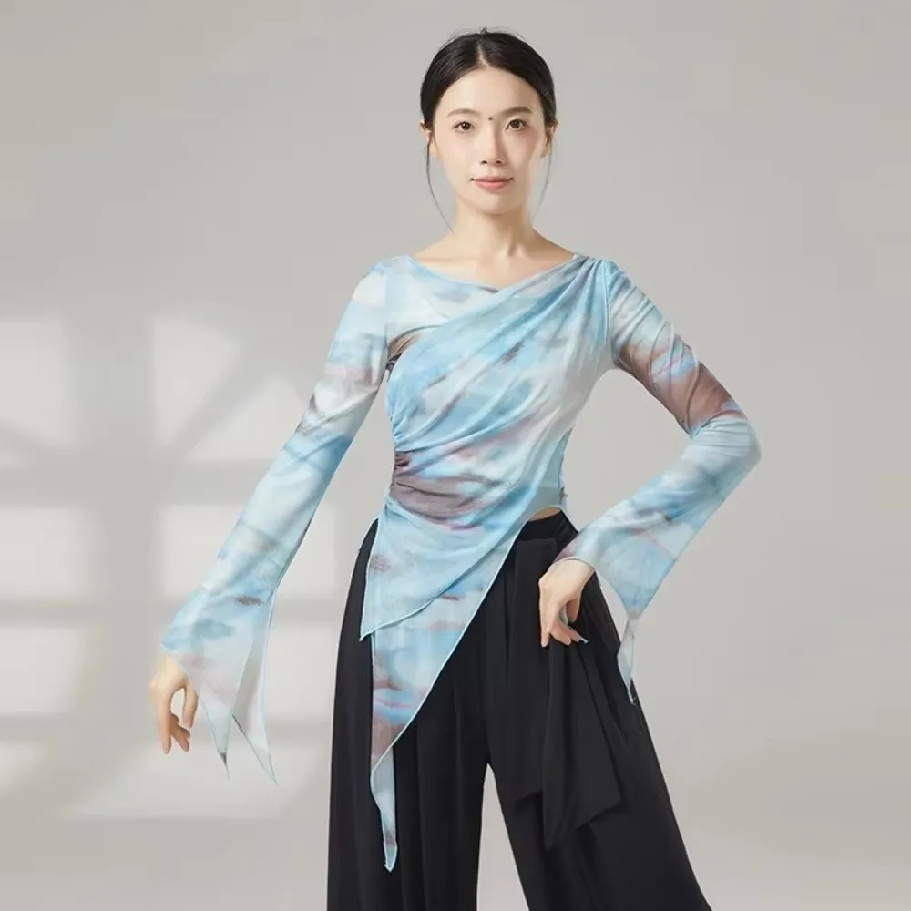 

Long Slit Classical Dance Mesh Top Slim Fit Flowy Design Flared Sleeve Shirt Gauze Material Flared Sleeves