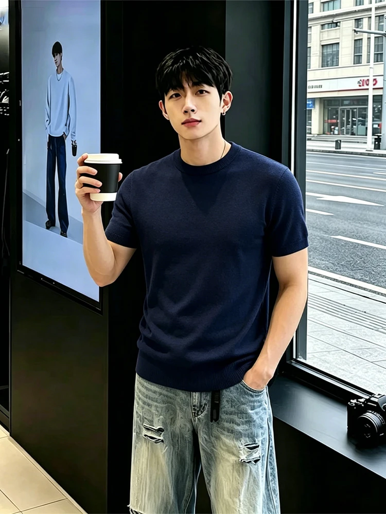 Blue Short Sleeve Knitted T-Shirt for Men Summer Slim Fit Muscular Appearance Shouldered Regular Knitwear round Neck