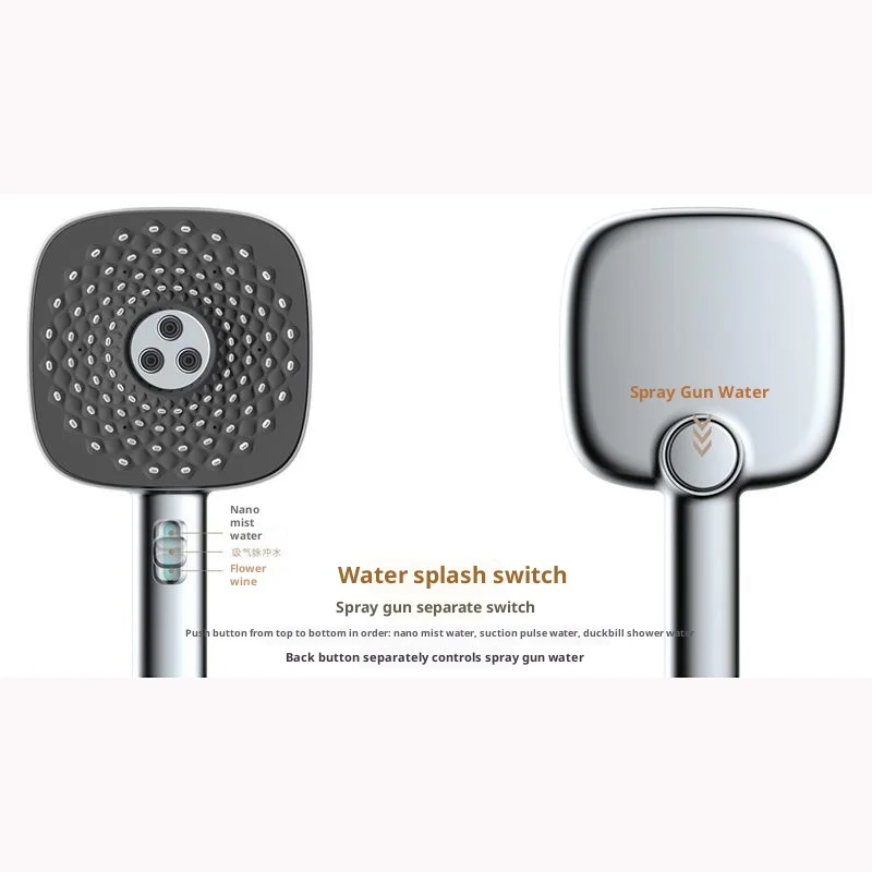 Pressurized handheld shower head, one-button switch between four water modes, soft mist, liquid silicone anti-clogging
