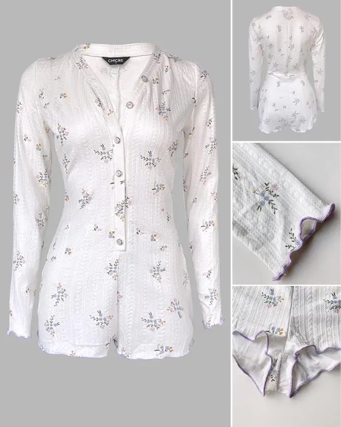 

Женская домашняя одежда, короткие комбинезоны с цветочным принтом, v-образным вырезом и пуговицами спереди, облегающий комбинезон с жаккардовой текстурой