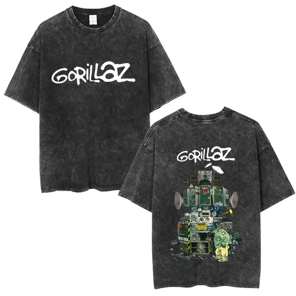 Customization Washed Vintage Gorillaz Double Sided Print T-shirt Men Women Hip Hop Fashion Oversized T Shirts Tops Unisex Rock B