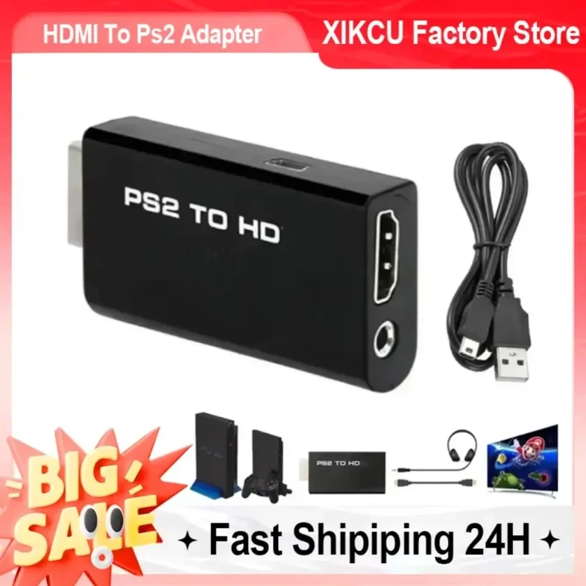 محول الصوت والفيديو المتوافق مع XIKCU PS2 إلى HDMI مع مخرج صوت 3.5 مم يدعم جميع أوضاع العرض PS2 إلى HD 480i/480p/576i