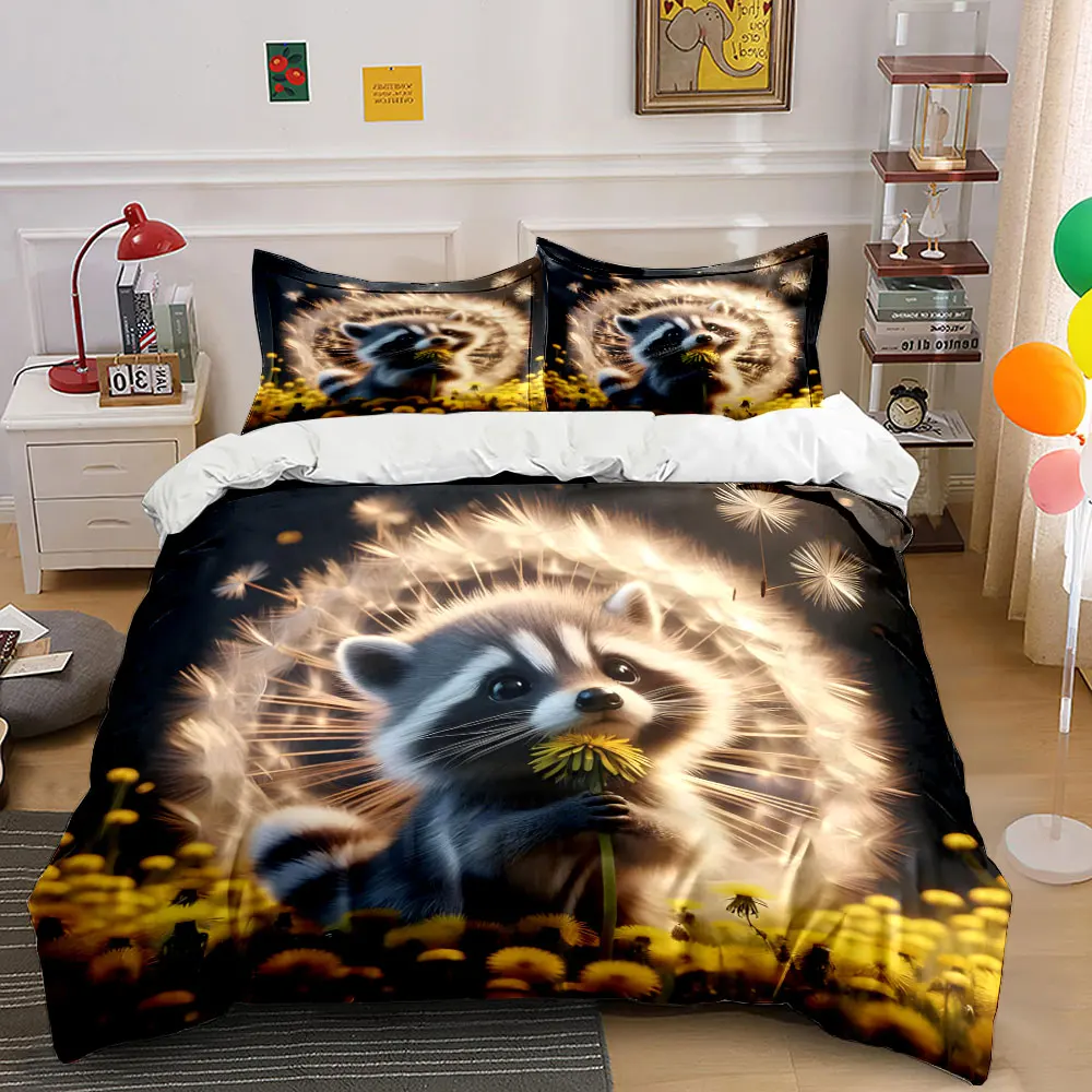 Cute raccoon holding dandelion Print Bedding Set 1 Duvet Cover 2 Pillowcases for Adult and Children Luxury Gift Full Size