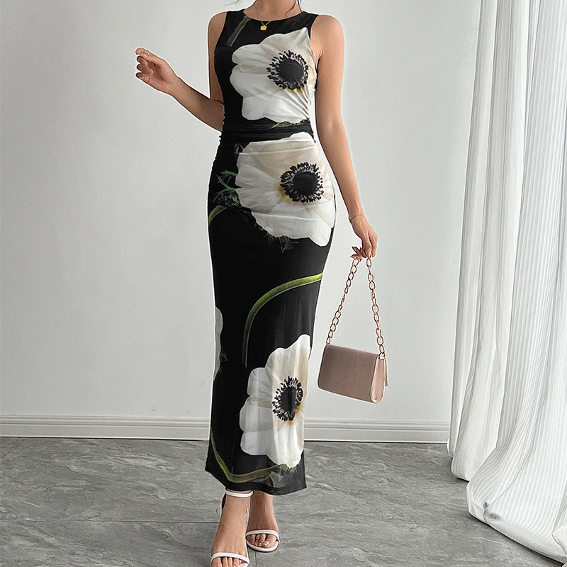Elegant Lady Floral Printed Long Tank Dress 2025 Summer New Thin Black Mesh O-Neck Dress Sexy Skinny Hip Wrapping Slim Vestidos