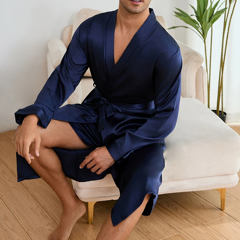 Men Long Robe Pajamas Set Baroque Style Kimono Bathrobe Nightgown Male Sleepwear Home Clothing Rayon Loungewear Pijamas MY1167