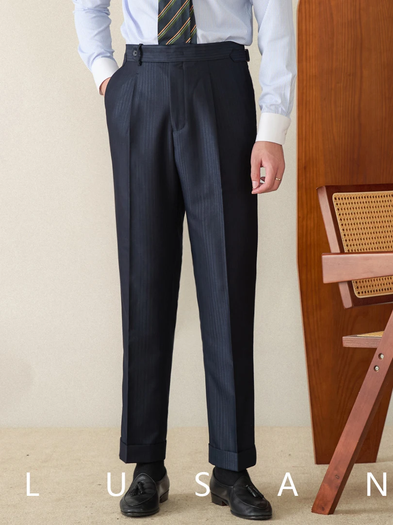 Mr. Deer Three Business Casual Gentry Striped Straight High Waist Pants All-match Men's Blue Neapolitan Trendy Pants
