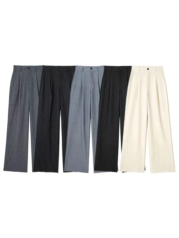 ZABA Donna Moda a vita alta a righe Pantaloni a gamba dritta Vintage Zip Pantaloni della tuta allentati Pantaloni casual da ufficio per pendolari