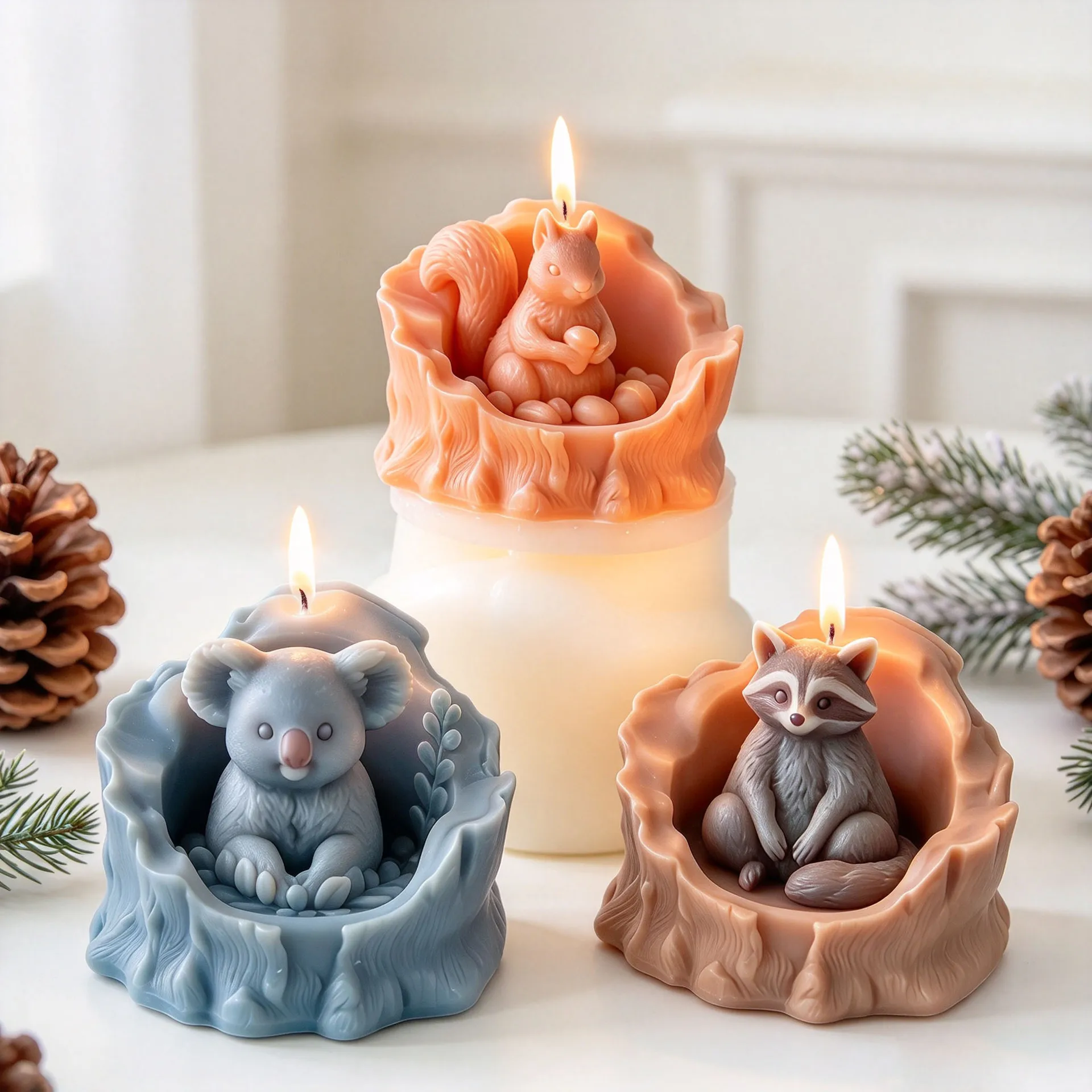 DIY tree stump animal silicone candle mold, squirrel koala epoxy resin and candle making materials, furniture decoration