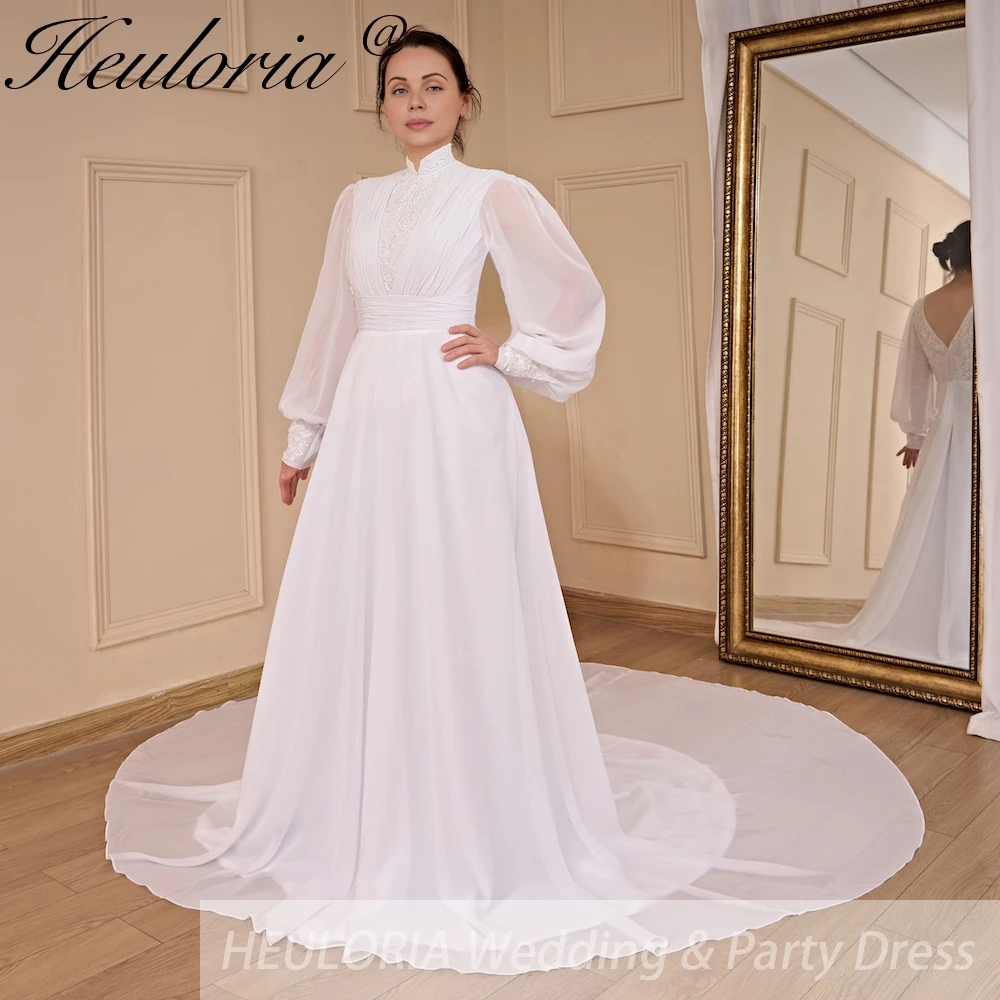 Elegantes muslimisches Hochzeitskleid in A-Linie mit langen Ärmeln, Stehkragen, Spitzen-Chiffon-Brautkleid in Übergröße, Braut-Hochzeitskleid